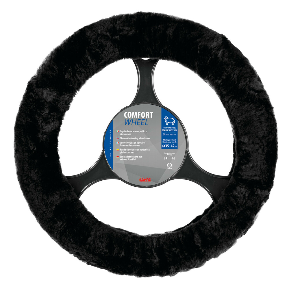 Comfort Wheel, Elastischer Lenkradbezug aus echtem Fell -Schwarz - Ø 35-42  cm