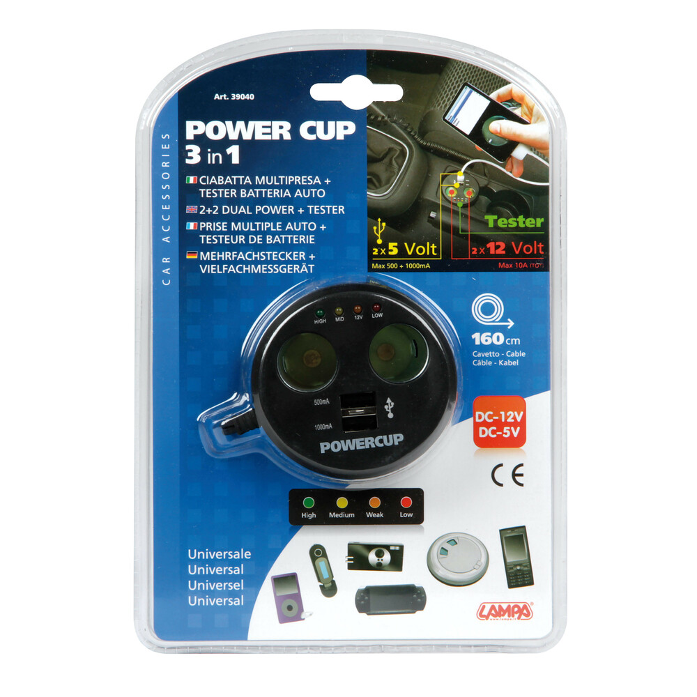 Power Cup 3 in 1 presa corrente multipla e tester batteria auto 12V+USB