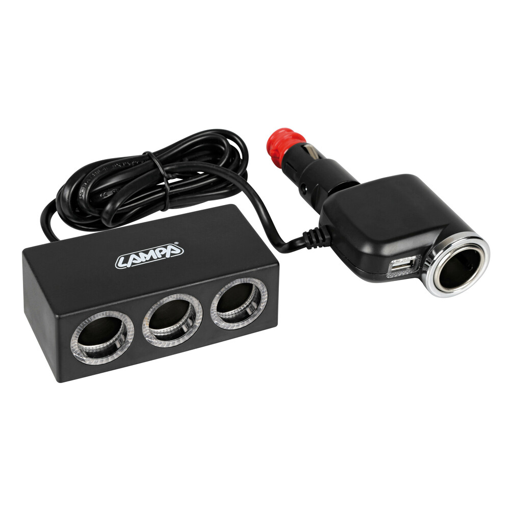 Lampa 39130 Duo 3+1 – Presa Accendisigari Multipla Con 3 Porte E 1 Ingresso USB, 12/24V, Per Auto E Camper