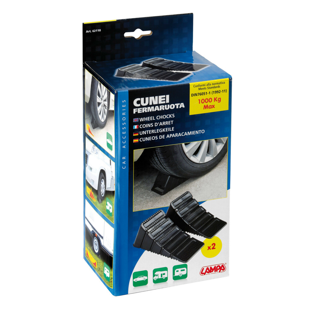 2 Cunei Fermacamion Da 5000 Kg Trupa DIN 76051-E46 – Zeppe In Plastica Gialla Con Impugnatura E Guida Antiscivolo, 383x190x160 Mm
