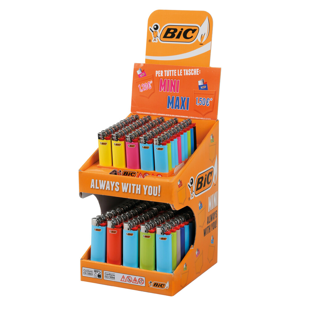 Accendini Bic Classic assortiti, Display da 100 pezzi su 2 livelli (50 Mini  J25 + 50