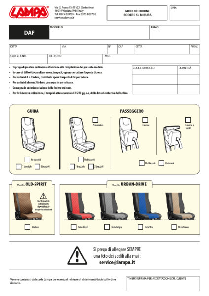 Bestellformular für sitzbezüge DAF