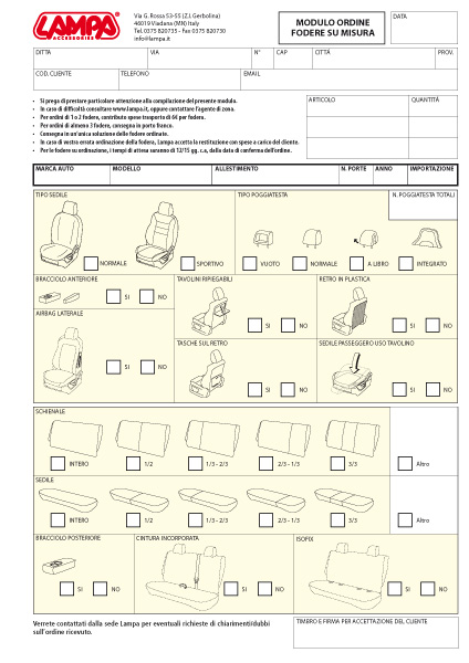 Tailor made seat covers order form